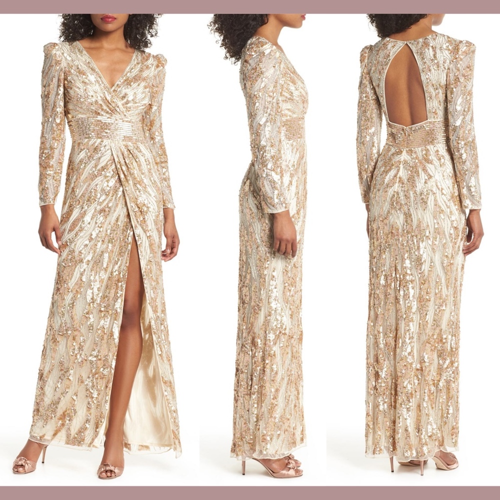 NWT $598 Mac Duggal V-Neck Mineral Sequin‎ Gown in Gold/RoseGold [SZ 6 ]